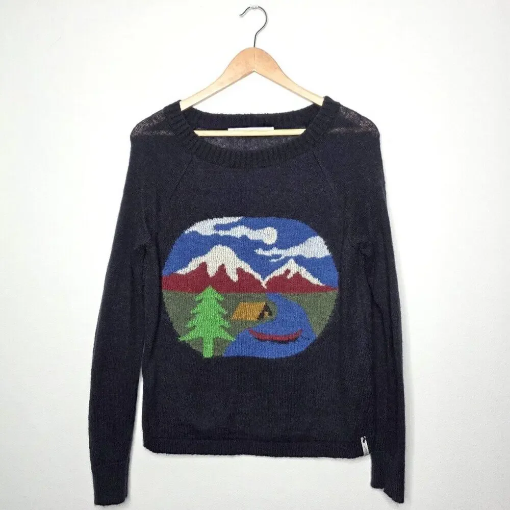 Woolrich Scenic Graphic Wool Mohair Blend Knit Sweater Mountain Camp Landscape
